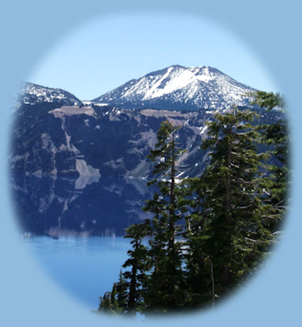 wizard island at crater lake in the cascade mountains of oregon.