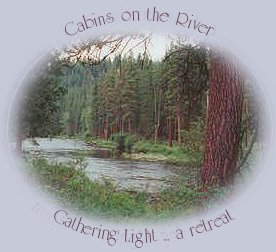 Cabins on the river at gathering light ... a retreat in southern oregon near crater lake national park: cabins, tree houses in the forest on the river.